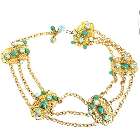 Vintage Napier cabochon gold tone and stone chain belt - Picture 6 of 12